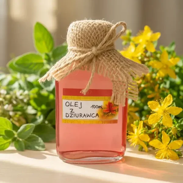 olej-z-dziurawca-100ml-naturalny-macerat-skarby-natury Olej z dziurawca 100ml – naturalny macerat w szklanej butelce z jutową ozdobą, Skarby Natury