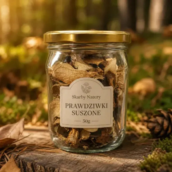Prawdziwki suszone 50g w szklanym słoiku ze złotą zakrętką – Skarby Natury, naturalne grzyby leśne