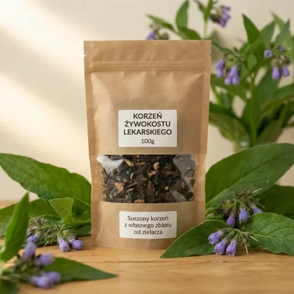Korzeń żywokostu lekarskiego suszony 100g w ekologicznym opakowaniu doypack – naturalny zielarski produkt z własnego zbioru