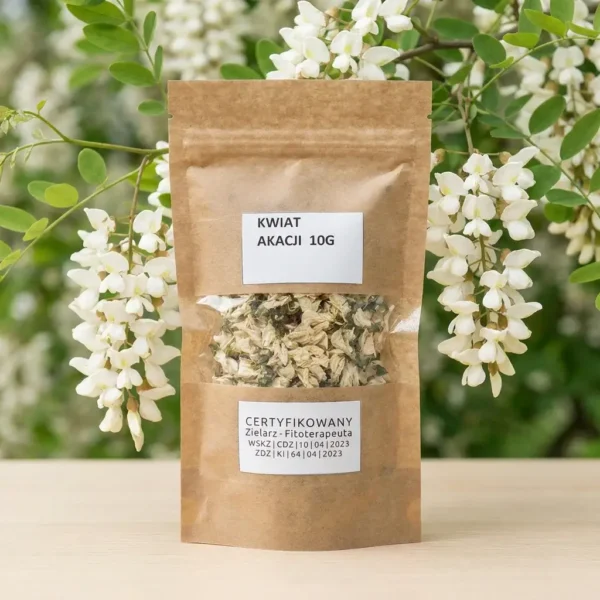 kwiat-akacji-suszony-10g-ziele-naturalne Kwiat akacji suszony 10g - ziele w ekologicznym opakowaniu kraft, certyfikowany zielarz-fitoterapeuta, naturalne kwiaty akacji do naparów