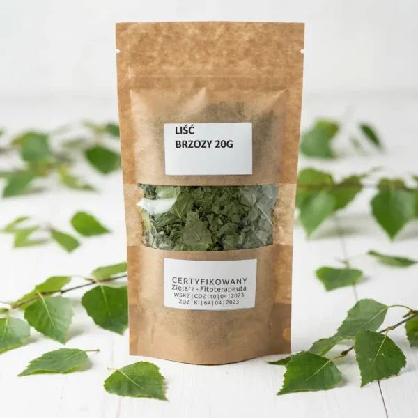 Liść brzozy suszony 20g - ziele w ekologicznym opakowaniu doypack z okienkiem, certyfikowany zielarz-fitoterapeuta