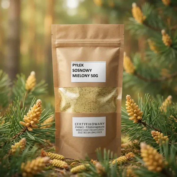 pylek-sosnowy-mielony-50g_1 Pyłek sosnowy mielony 50g - naturalny suplement diety w ekologicznym opakowaniu kraft z okienkiem, certyfikowany zielarz-fitoterapeuta