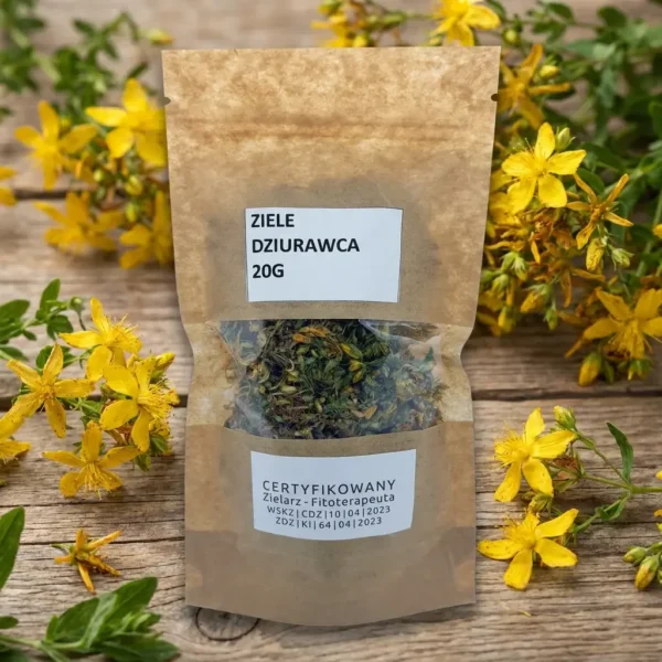 ziele-dziurawca-suszone-20g-herbatka-ziolowa-certyfikowana Ziele dziurawca 20g - suszone zioło w ekologicznym opakowaniu kraft z okienkiem, certyfikowany zielarz fitoterapeuta, naturalna herbatka ziołowa