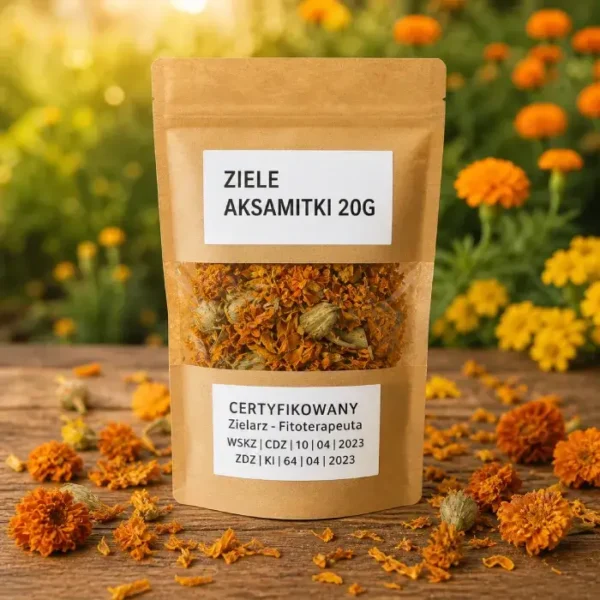 ziele-kwiat-aksamitki-20g-skarby-natury-1 Ziele kwiat aksamitki 20 g – suszone kwiaty aksamitki (tagetes) w ekologicznym opakowaniu kraft, Skarby Natury