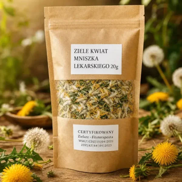 Ziele Kwiat Mniszka Lekarskiego 20g – suszone kwiaty mniszka w ekologicznym opakowaniu doy-pack od Certyfikowanego Zielarza Fitoterapeuty, Skarby Natury