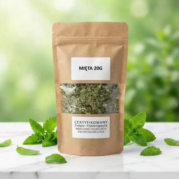 Ziele mięty suszonej 20g w ekologicznym opakowaniu doypack z okienkiem – certyfikowany zielarz fitoterapeuta, naturalna herbata ziołowa