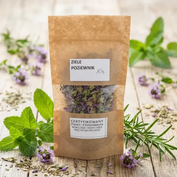 Ziele poziewnik 10g - suszone zioło w ekologicznym opakowaniu kraft z okienkiem, certyfikowany zielarz-fitoterapeuta, naturalny produkt ziołowy do zaparzania