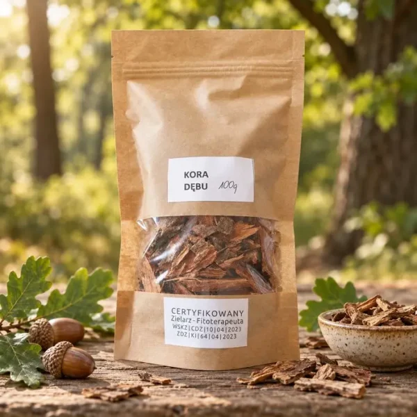 kora-debu-100g-suszona-ziolo-skarby-natury-1 Kora dębu 100g w papierowej torebce kraft z okienkiem, suszona cięta kora na drewnianym stole z żołędziami i liśćmi dębu