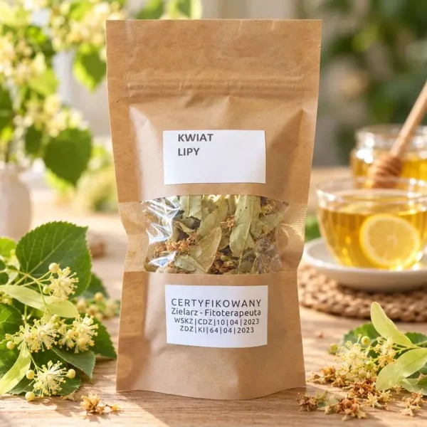 Suszony kwiat lipy w papierowej torebce z okienkiem, obok świeże kwiaty lipy i napar z cytryną i miodem