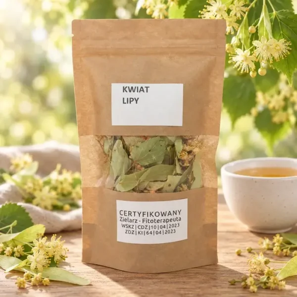 Suszony kwiat lipy w torebce kraft z okienkiem od certyfikowanego zielarza, obok filiżanka naparu z lipy