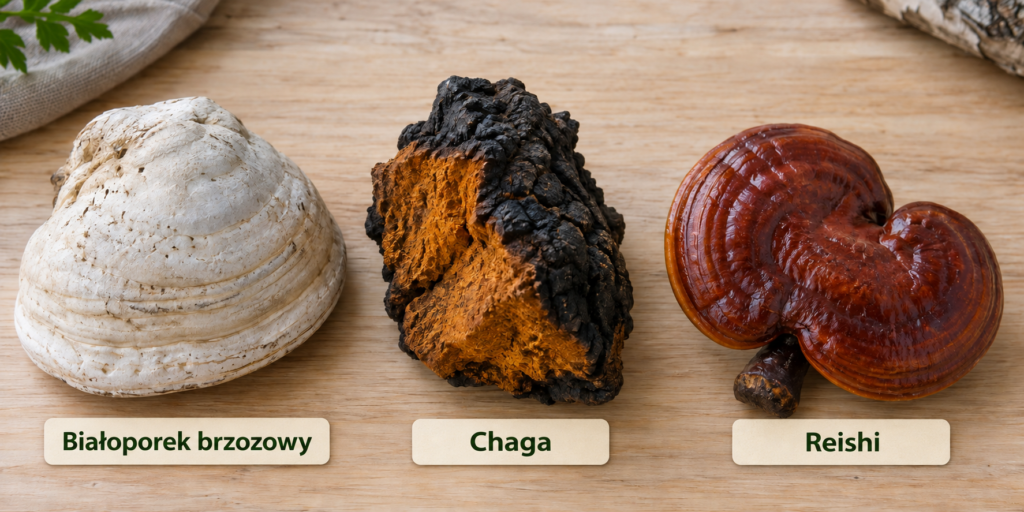 porównanie grzybów – od lewej białoporek brzozowy, chaga i reishi