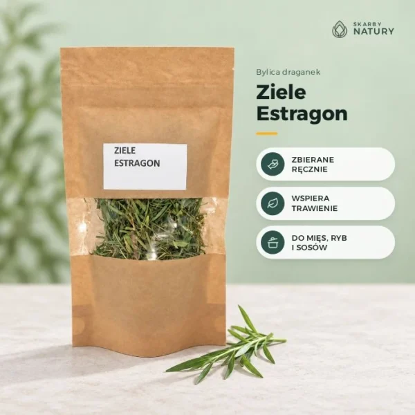 Ziele estragonu suszone w torebce kraft z okienkiem, bylica draganek do mięs, ryb i sosów, Skarby Natury
